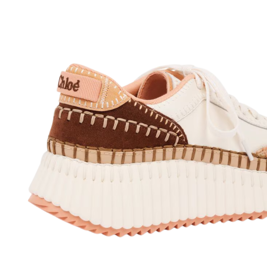 Baskets basses CHLOE Nama empiècements contrastés cuir vachette velours marron pêche