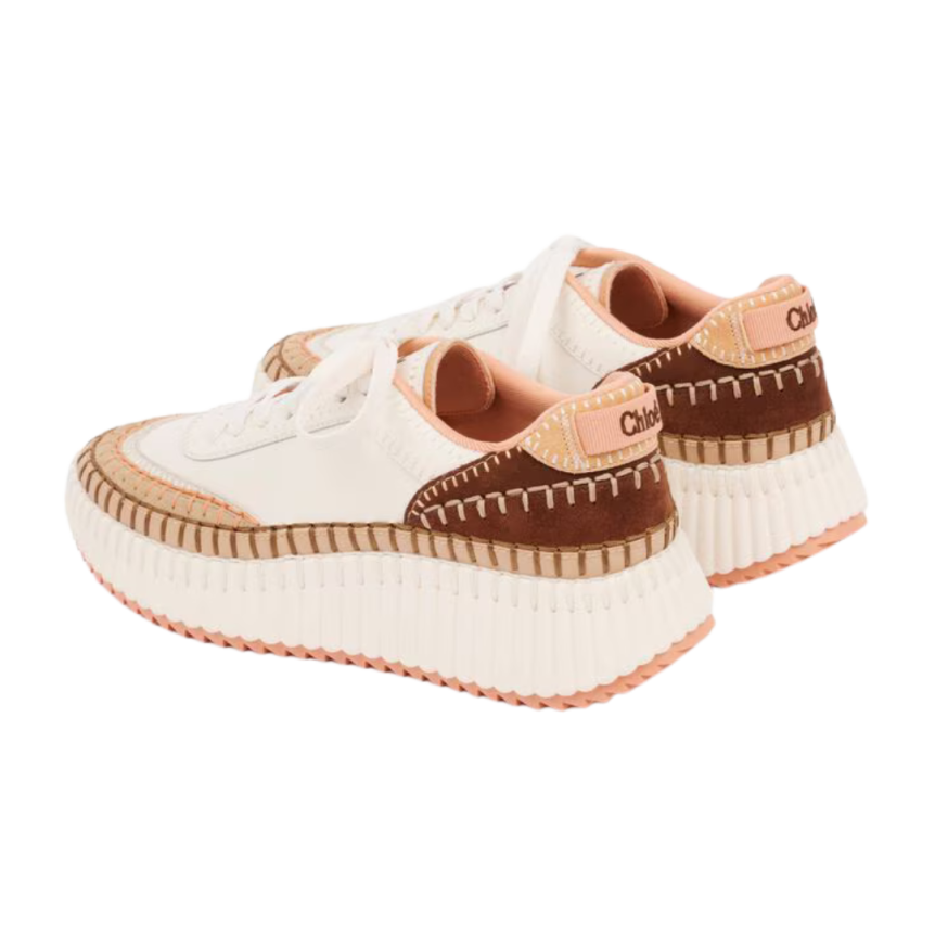 Baskets basses CHLOE Nama empiècements contrastés cuir vachette velours marron pêche