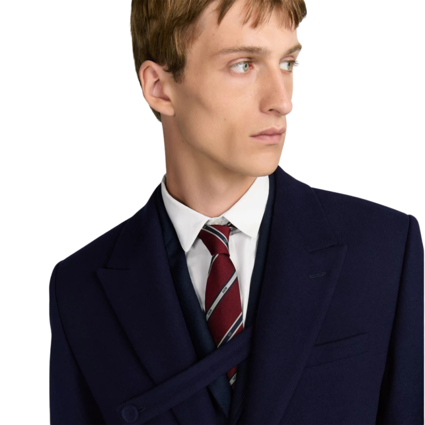 Manteau long DIOR strap boutonnée laine vierge bleu marine