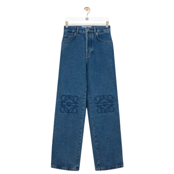 LOEWE Pantalon jean baggy denim coton lavé bleu anagramme genoux