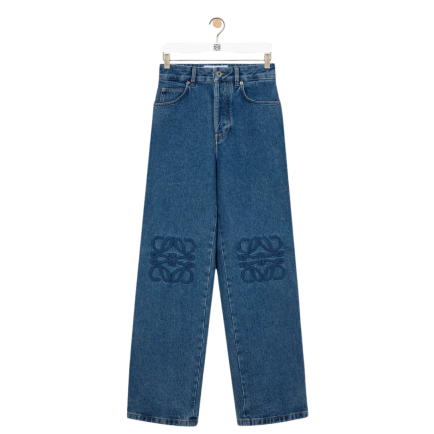 LOEWE Pantalon jean baggy denim coton lavé bleu anagramme genoux
