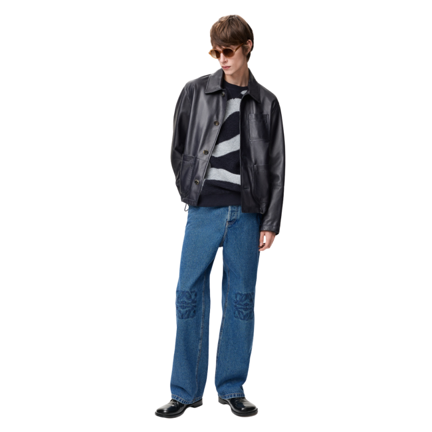 LOEWE Pantalon jean baggy denim coton lavé bleu anagramme genoux