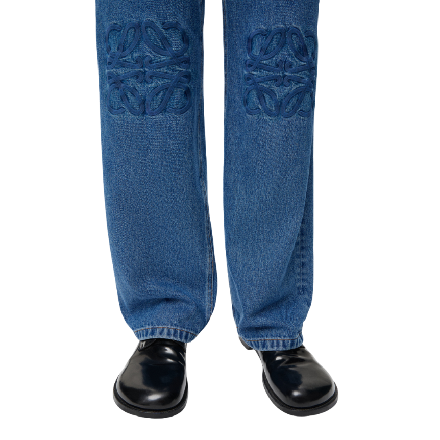 LOEWE Pantalon jean baggy denim coton lavé bleu anagramme genoux