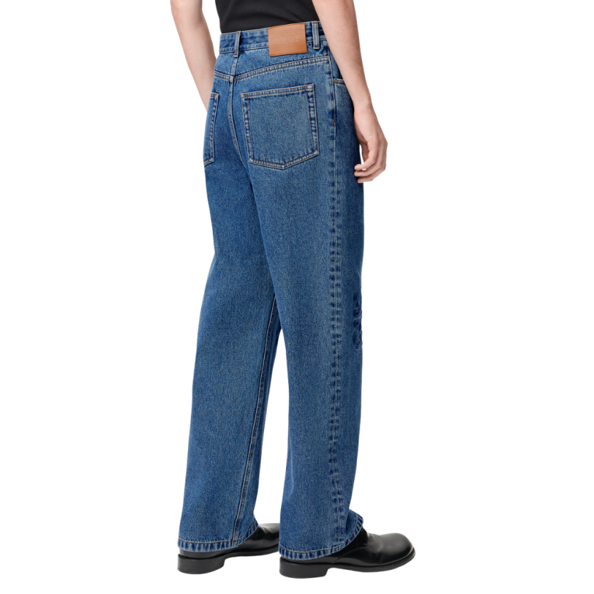 LOEWE Pantalon jean baggy denim coton lavé bleu anagramme genoux