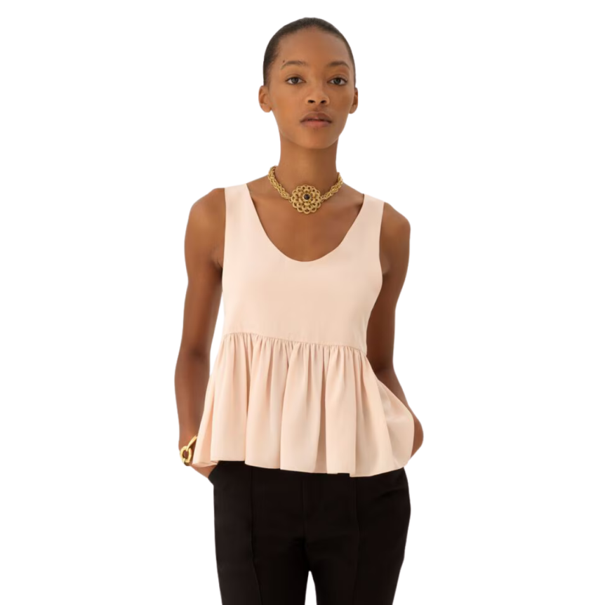 Top fluide CHLOE sans manches froncé crêpe de chine soie bio rose