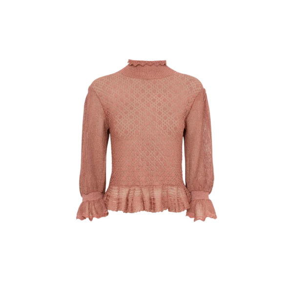 Pull col montant CHLOE volants maille lurex rose manches bouffantes