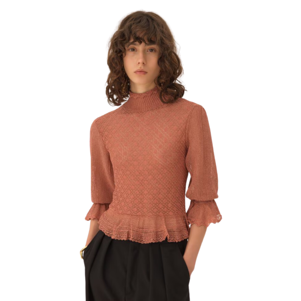 Pull col montant CHLOE volants maille lurex rose manches bouffantes