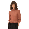 Pull col montant volants maille lurex rose manches bouffantes