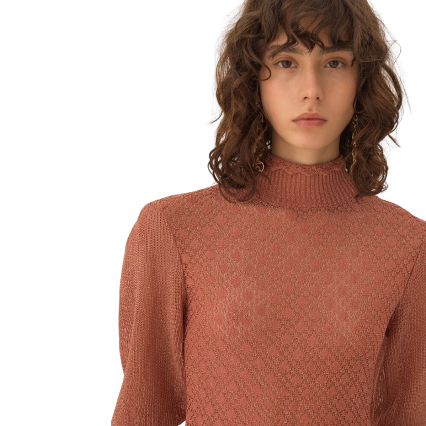 Pull col montant CHLOE volants maille lurex rose manches bouffantes