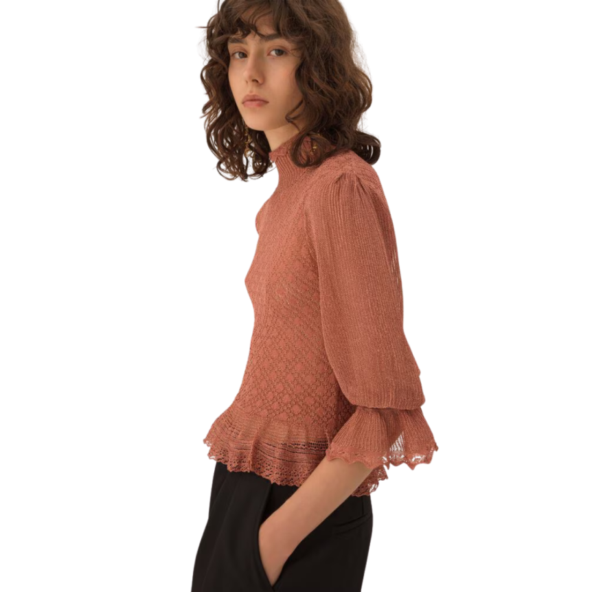 Pull col montant CHLOE volants maille lurex rose manches bouffantes
