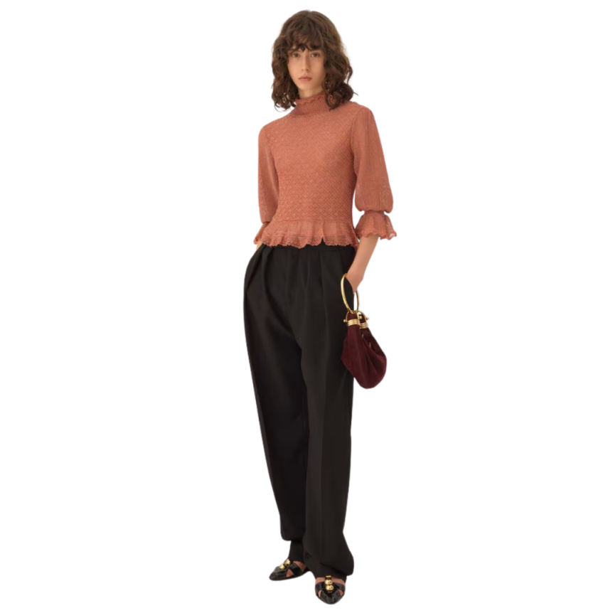 Pull col montant CHLOE volants maille lurex rose manches bouffantes