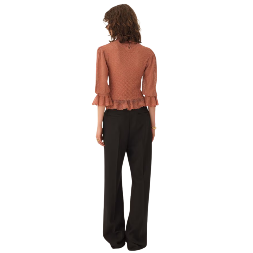 Pull col montant CHLOE volants maille lurex rose manches bouffantes