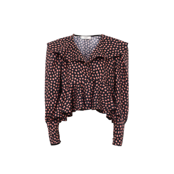 Top court col V CHLOE oversize soie jacquard noir imprimé pois rose volants