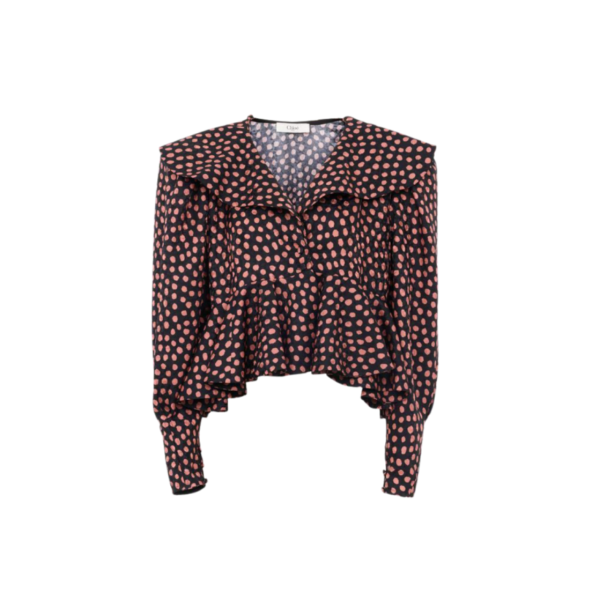 Top court col V CHLOE oversize soie jacquard noir imprimé pois rose volants