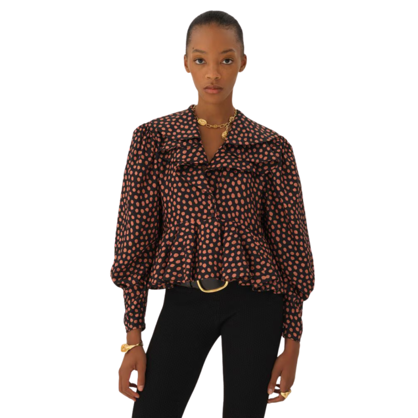 Top court col V CHLOE oversize soie jacquard noir imprimé pois rose volants