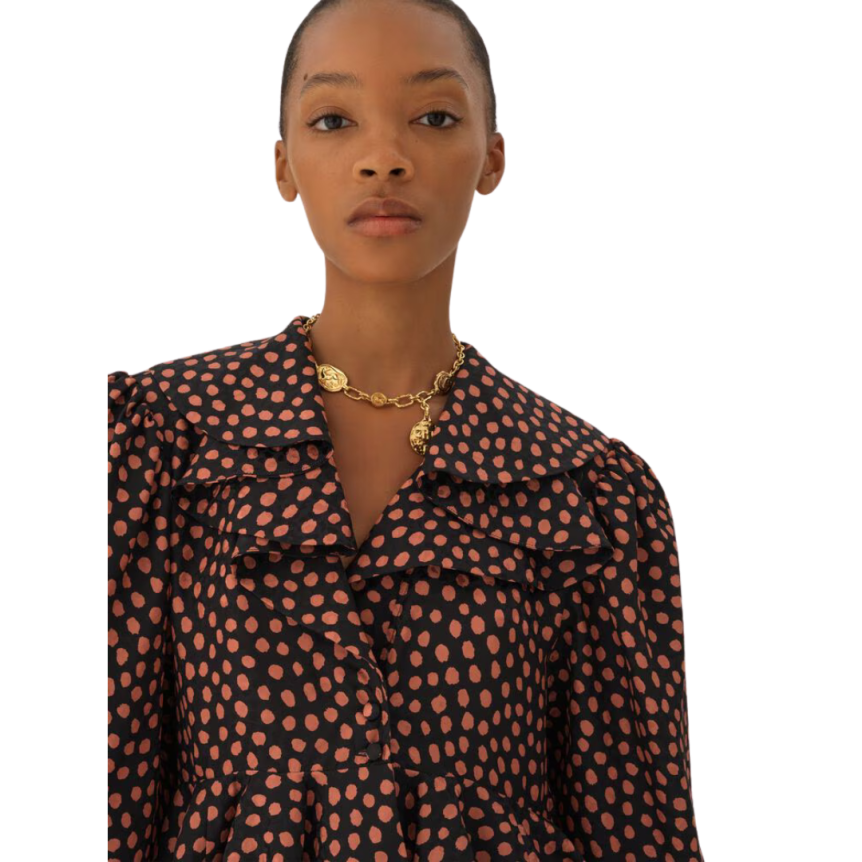 Top court col V CHLOE oversize soie jacquard noir imprimé pois rose volants