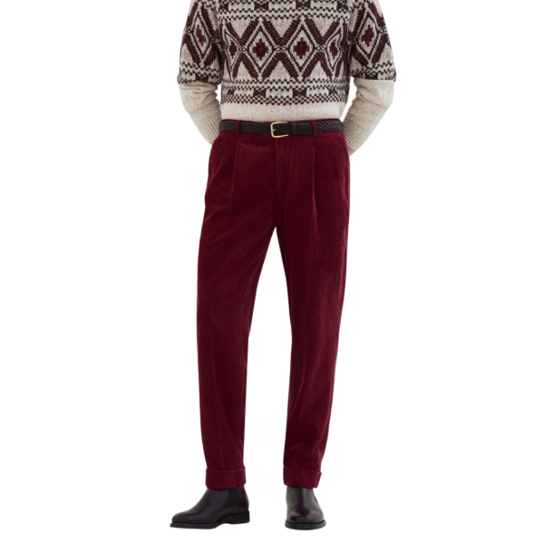 BRUNELLO CUCINELLI Pantalon à pinces coton velours côtelé bordeaux