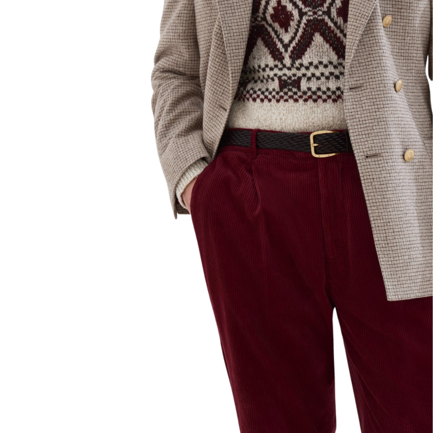 BRUNELLO CUCINELLI Pantalon à pinces coton velours côtelé bordeaux
