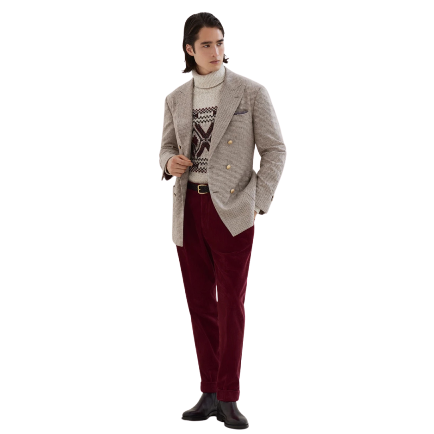 BRUNELLO CUCINELLI Pantalon à pinces coton velours côtelé bordeaux