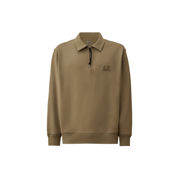 Sweat-shirt col polo zippé coton beige broderie CP