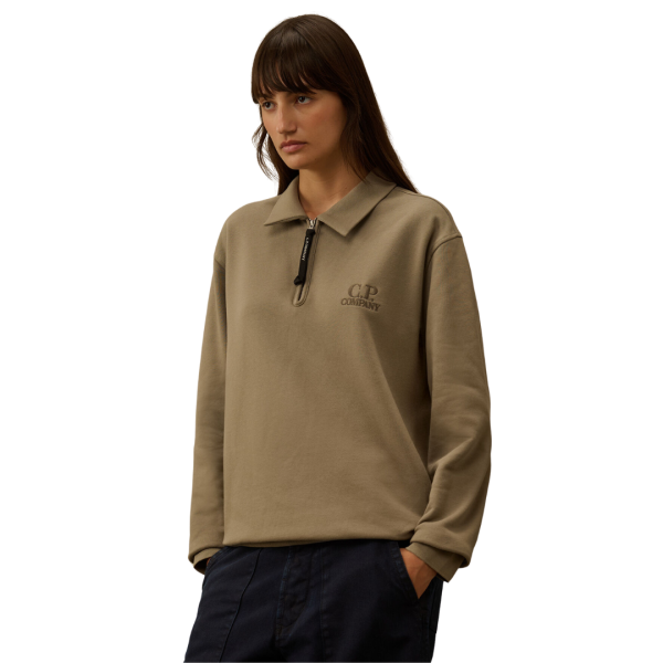 Sweat-shirt col polo zippé coton beige broderie CP