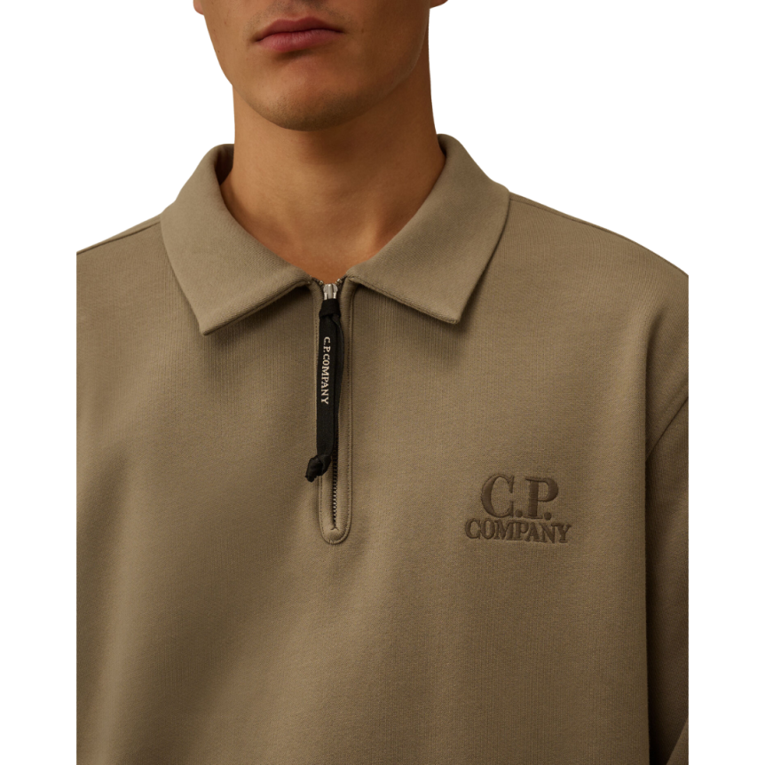 Sweat-shirt col polo zippé coton beige broderie CP