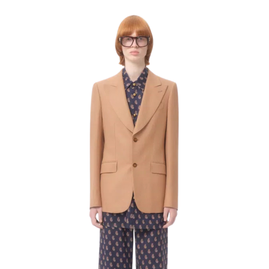 Veste blazer droit VALENTINO col flèche viscose camel bouton doré