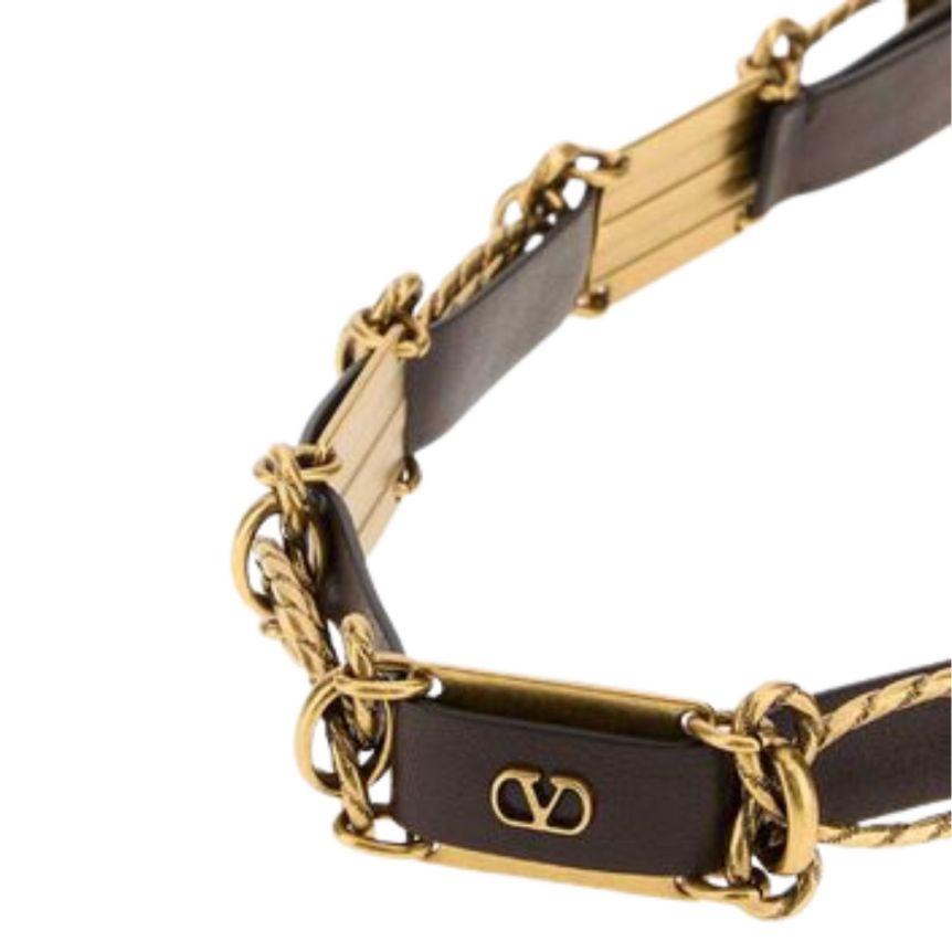 Ceinture VALENTINO cuir marron plaque chaine laiton doré