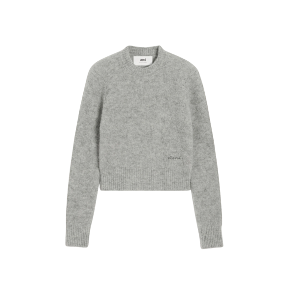 Pull col rond AMI Paris laine alpaga gris clair chiné broderie AMI