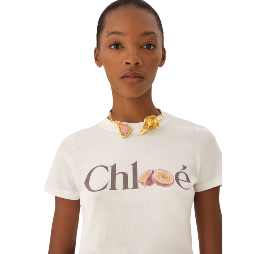 T-shirt col rond CHLOE jersey coton bio blanc imprimé fruits de la passion