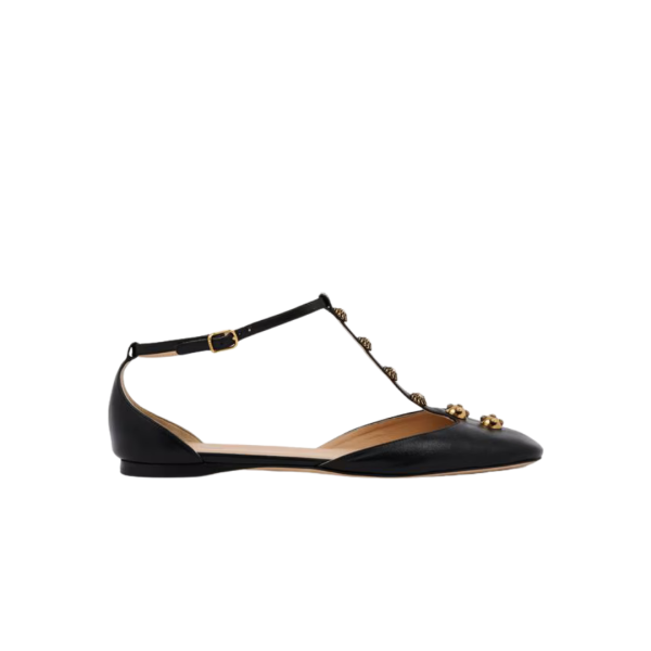 Ballerine plate CHLOE Céleste cuir agneau noir bride bijoux