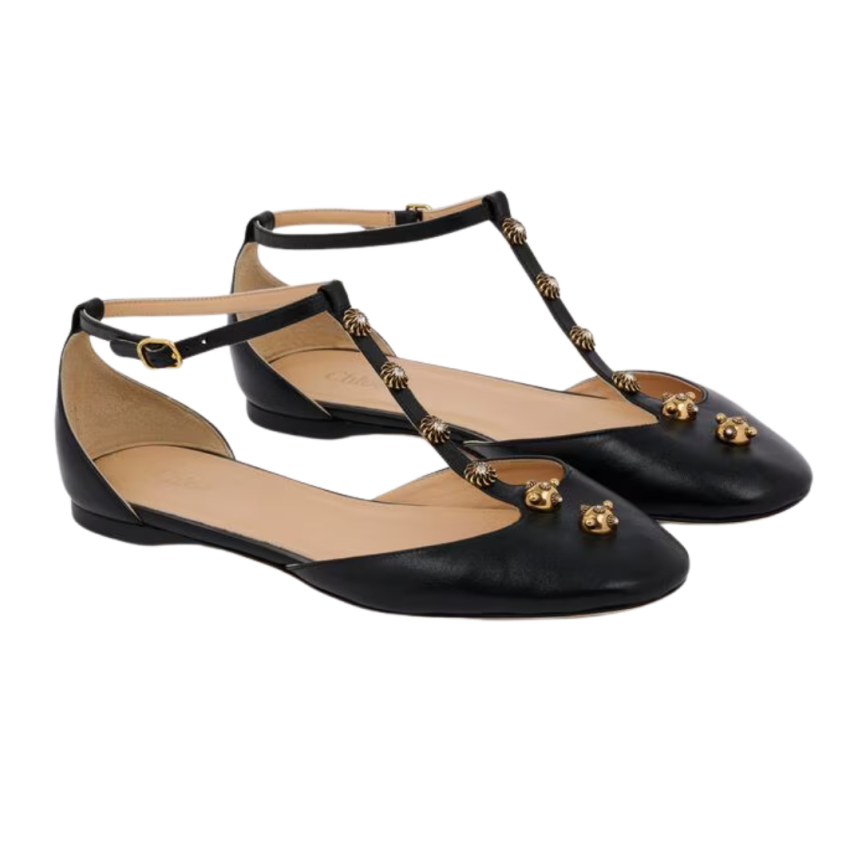 Ballerine plate CHLOE Céleste cuir agneau noir bride bijoux