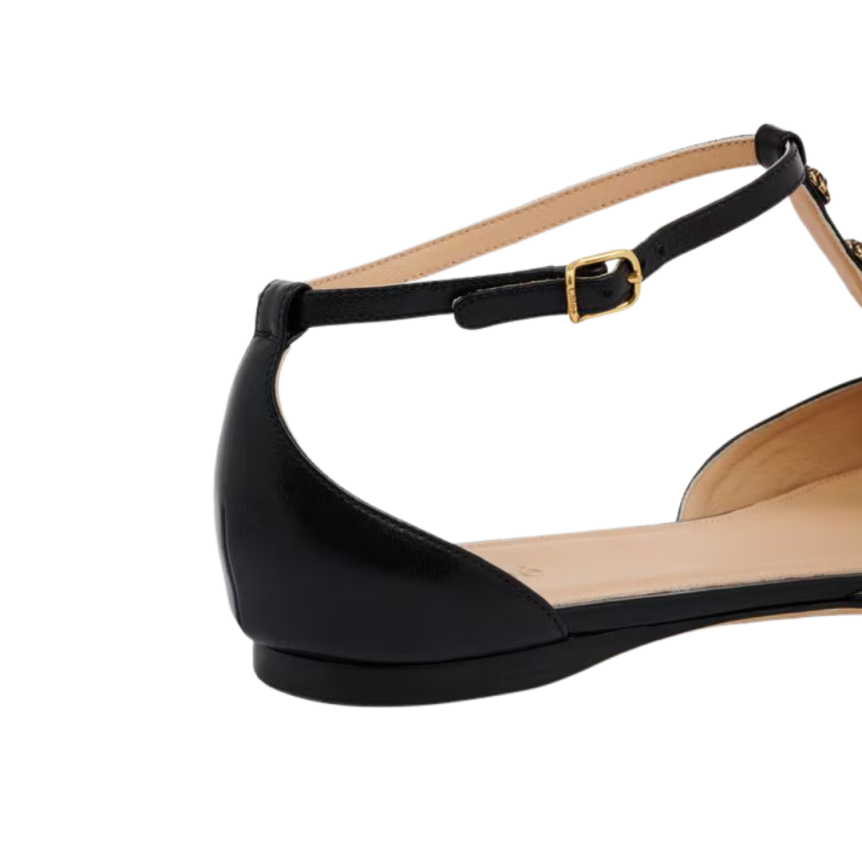 Ballerine plate CHLOE Céleste cuir agneau noir bride bijoux