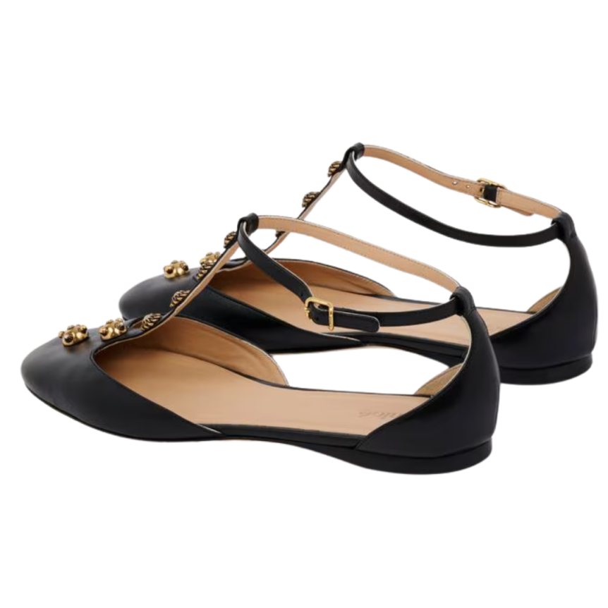 Ballerine plate CHLOE Céleste cuir agneau noir bride bijoux