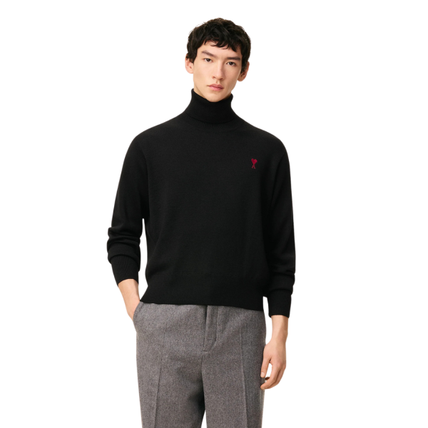 Pull col roulé AMI Paris laine mérinos noir logo cœur rouge
