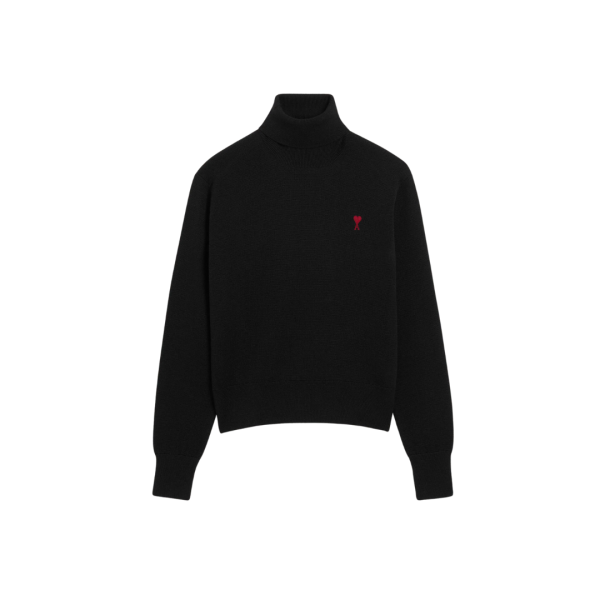 Pull col roulé AMI Paris laine mérinos noir logo cœur rouge