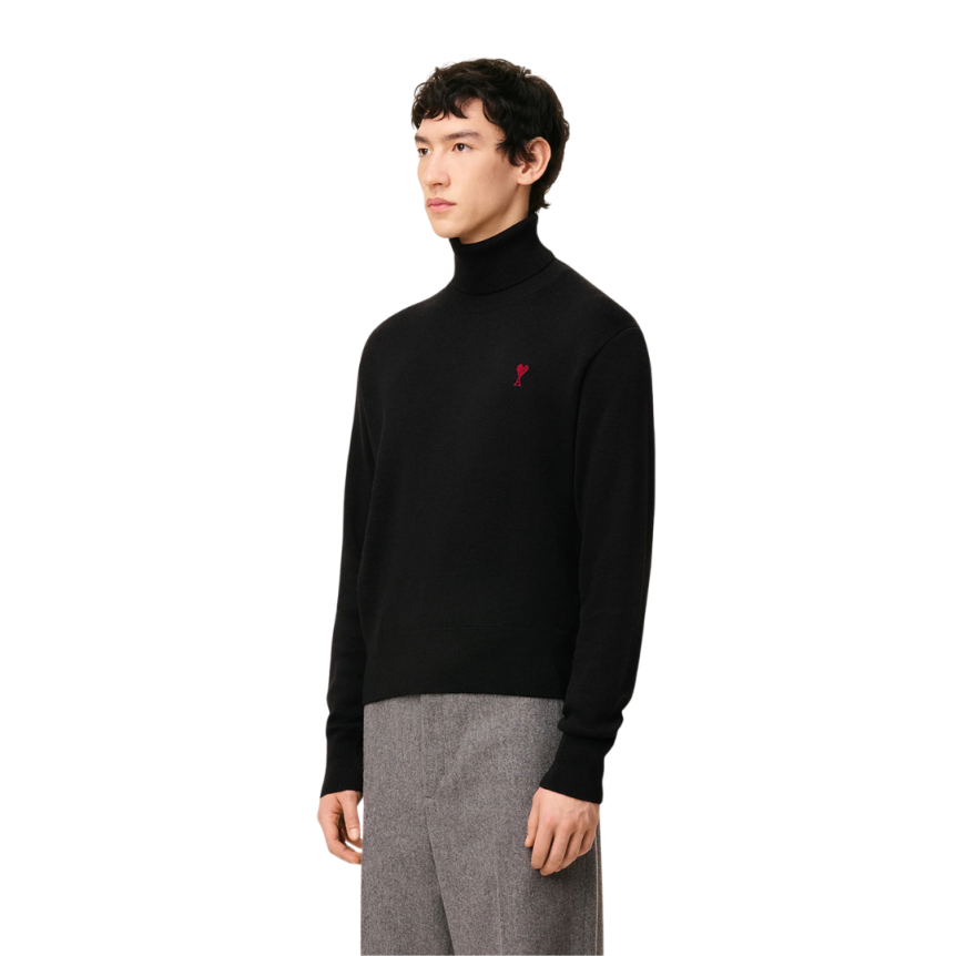 Pull col roulé AMI Paris laine mérinos noir logo cœur rouge