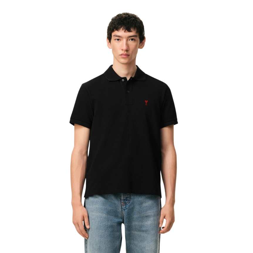 Polo Ami de Cœur piqué coton bio noir cœur rouge