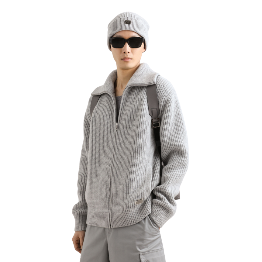 Gilet cardigan zippé DOLCE & GABBANA laine vierge gris clair étiquette métal