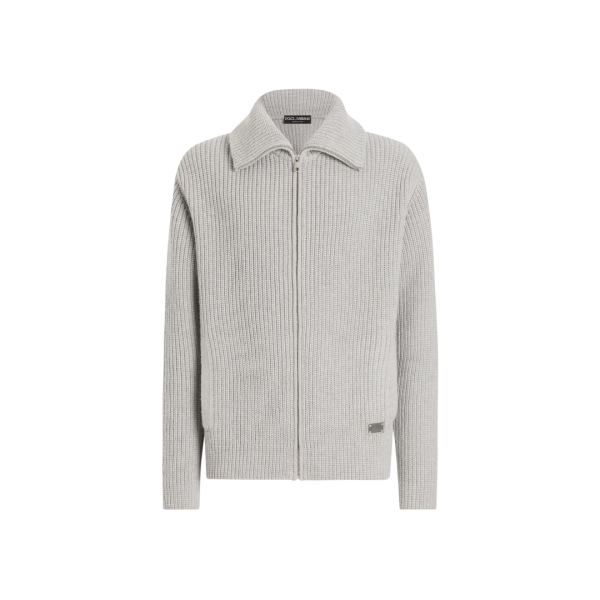 Gilet cardigan zippé DOLCE & GABBANA laine vierge gris clair étiquette métal