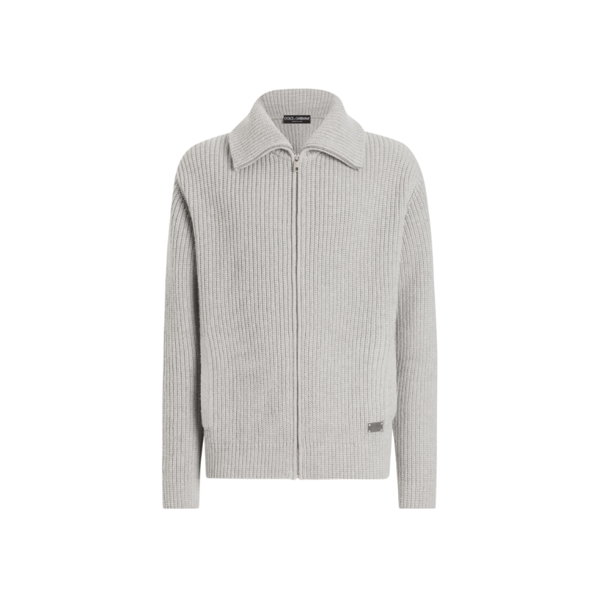 Gilet cardigan zippé DOLCE & GABBANA laine vierge gris clair étiquette métal