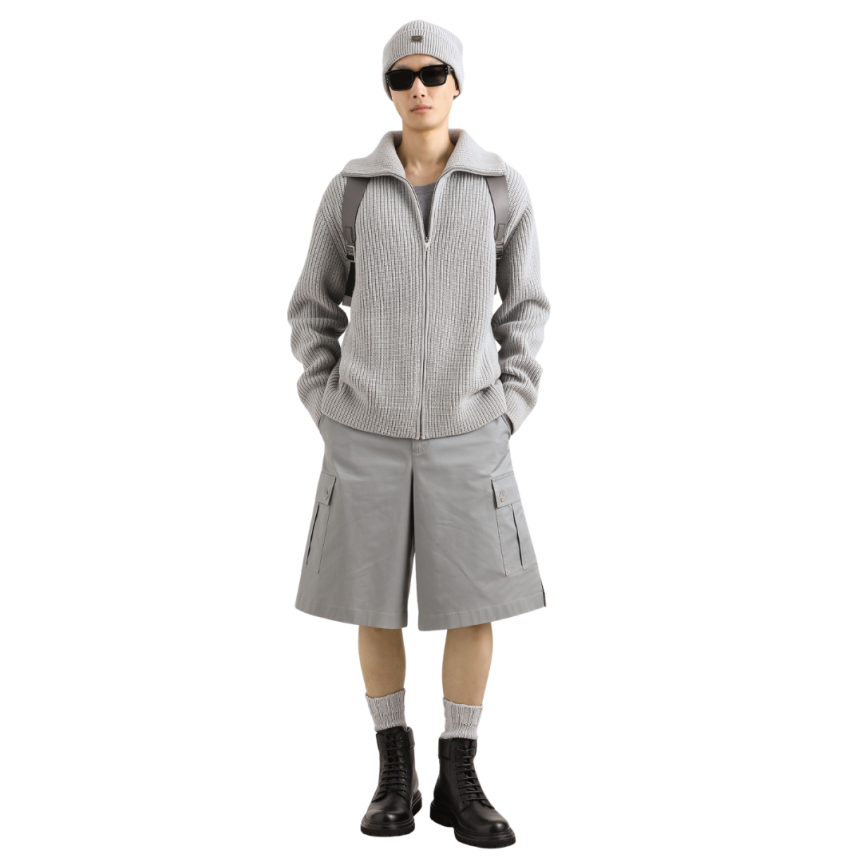 Gilet cardigan zippé DOLCE & GABBANA laine vierge gris clair étiquette métal