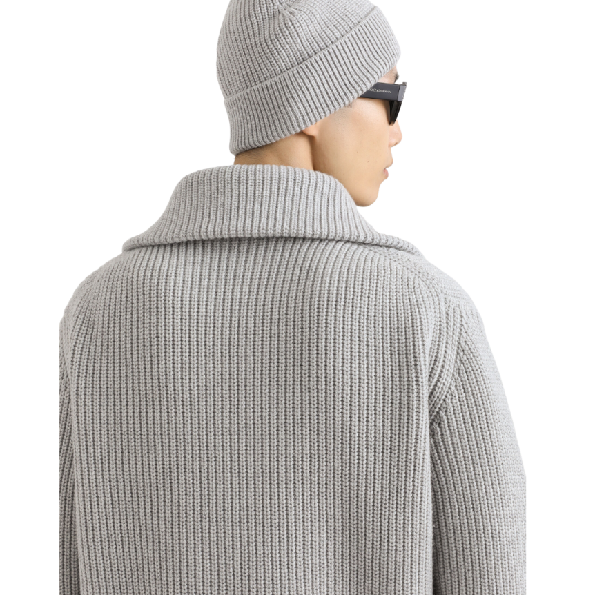 Gilet cardigan zippé DOLCE & GABBANA laine vierge gris clair étiquette métal