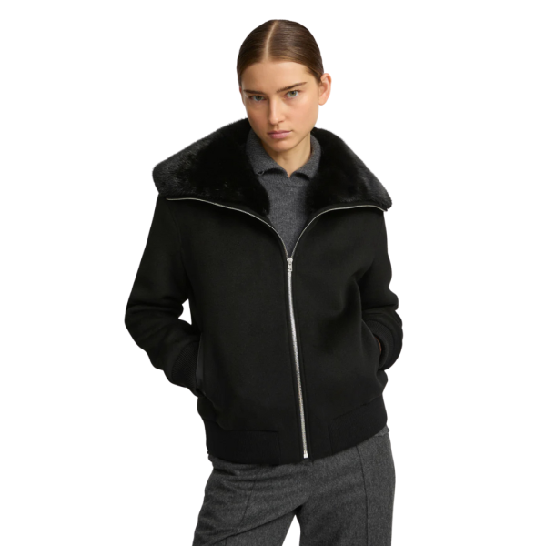 Blouson court YVES SALOMON  laine cachemire noir col vison amovible