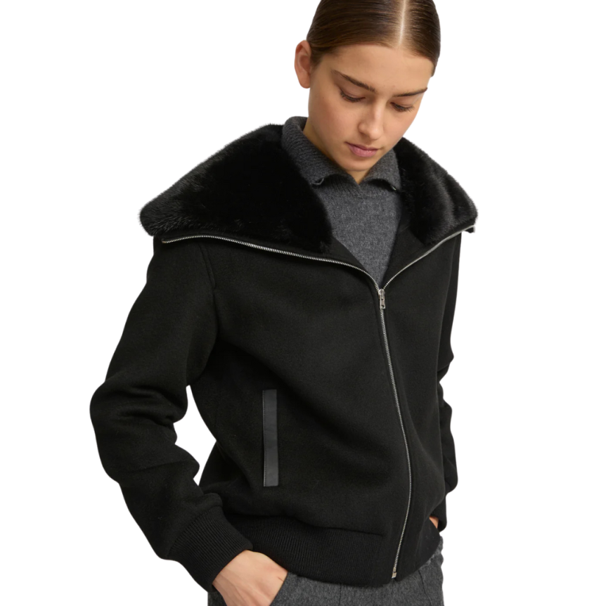 Blouson court YVES SALOMON  laine cachemire noir col vison amovible