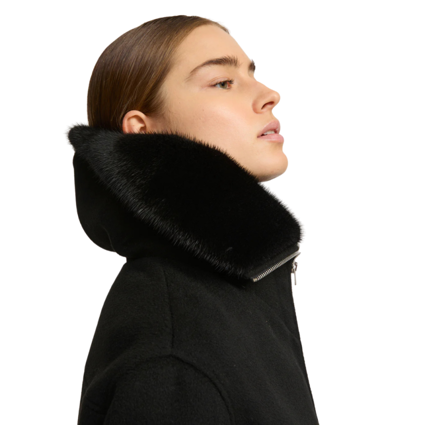 Blouson court YVES SALOMON  laine cachemire noir col vison amovible