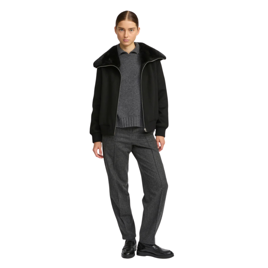 Blouson court YVES SALOMON  laine cachemire noir col vison amovible