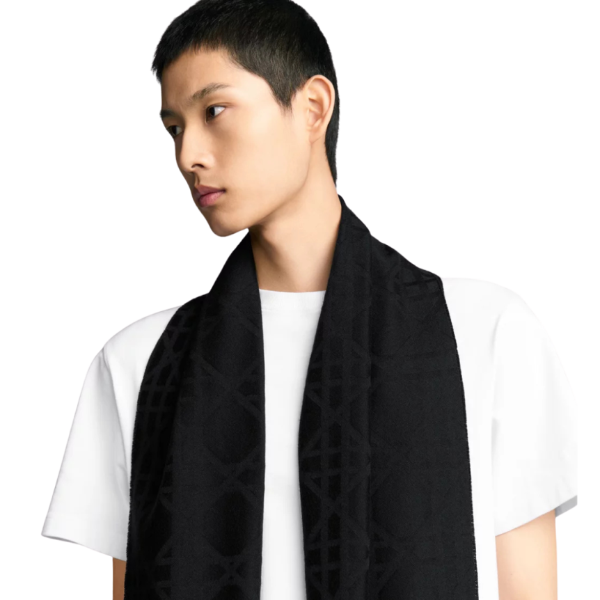 Echarpe DIOR cachemire noir jacquard cannage noir