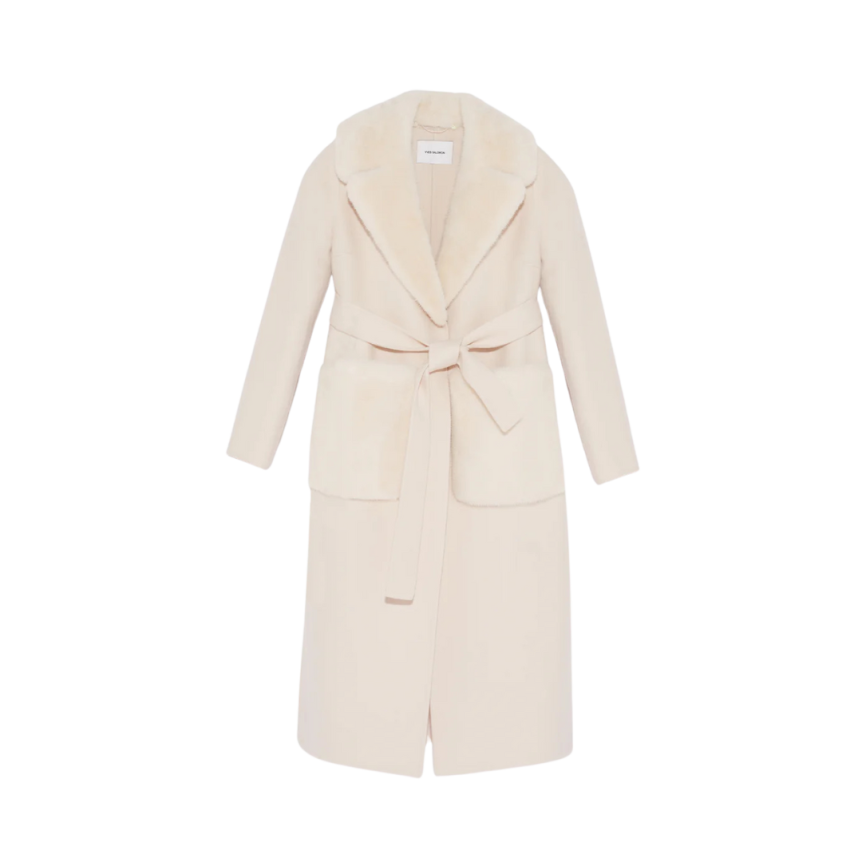 Manteau ceinturé YVES SALOMON lainage cachemire blanc col poche fourrure vison