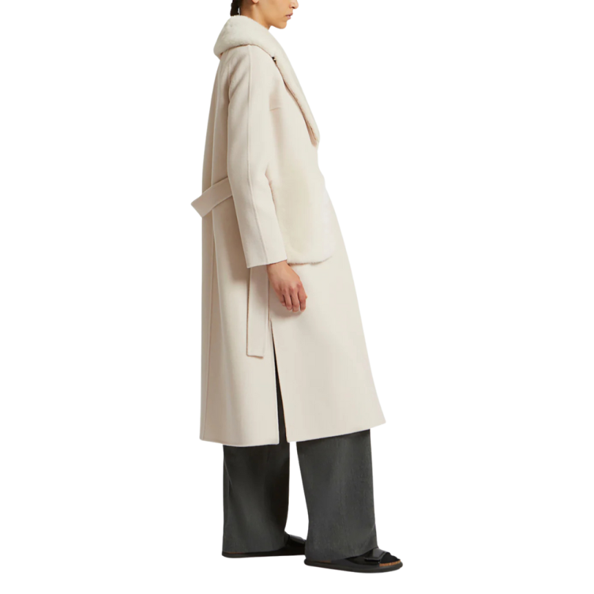 Manteau ceinturé YVES SALOMON lainage cachemire blanc col poche fourrure vison